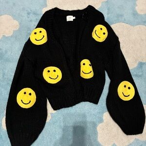 Luna Ivy Smiley Face Open Front Black Sweater Cardigan Size M
